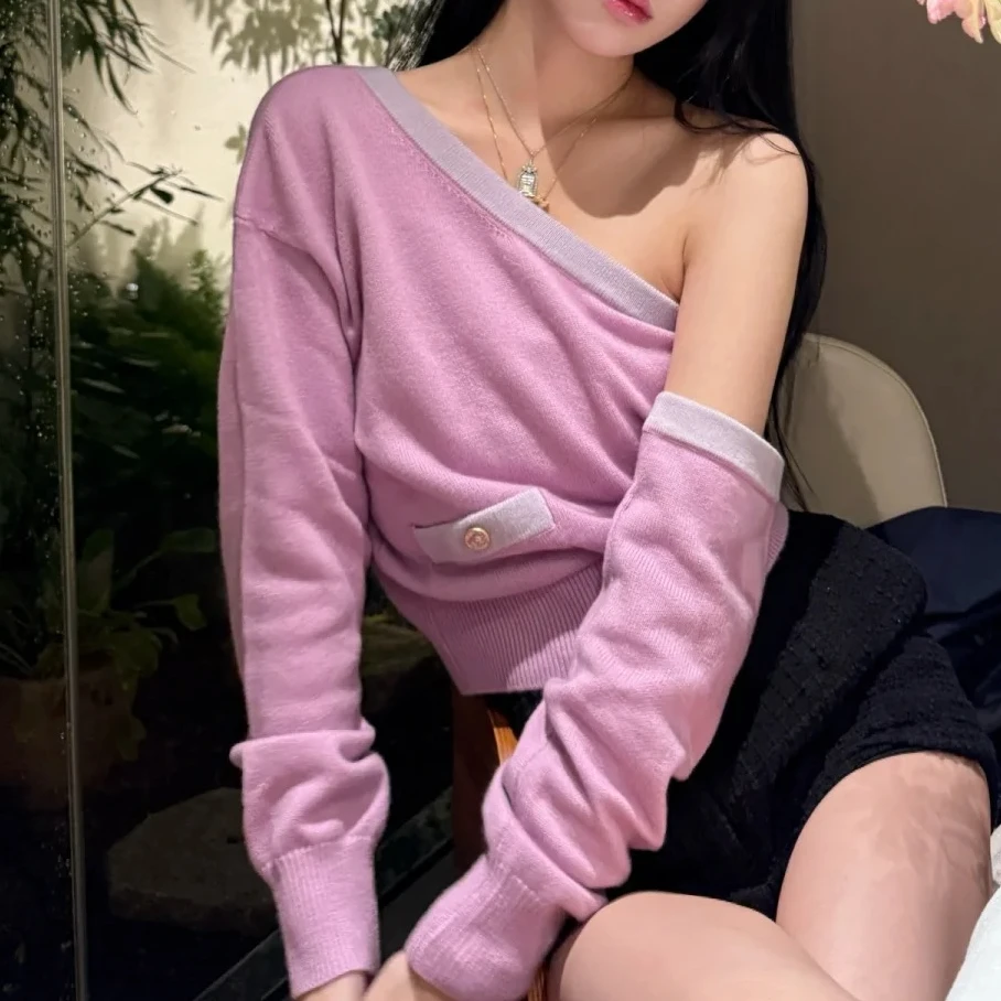99新 Chanel/香奈儿 38码 紫色拼浅紫色边 斜肩 长袖 针织 上衣