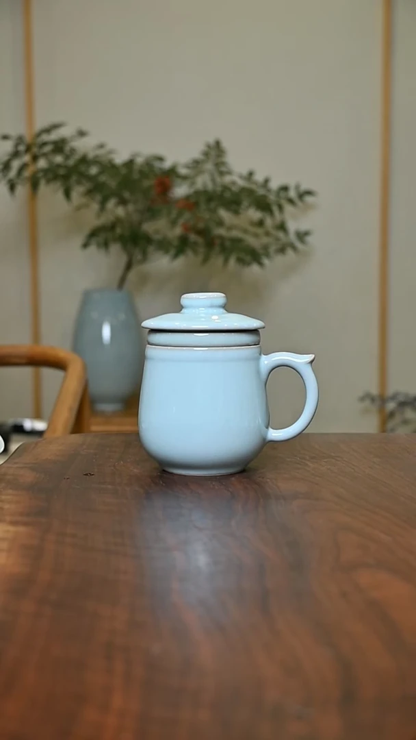 茶水分离杯 天青 微瑕 无款