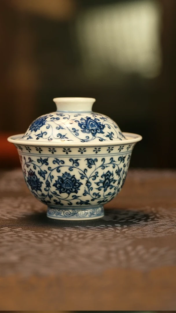 中式老****号仿明青花缠枝莲盖碗