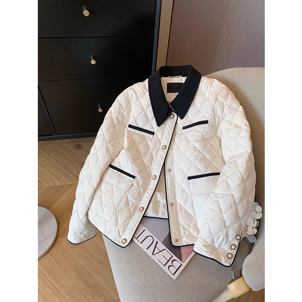 黑白撞色小香风菱格棉衣棉服女2025冬季新款高级保暖翻领夹棉外套