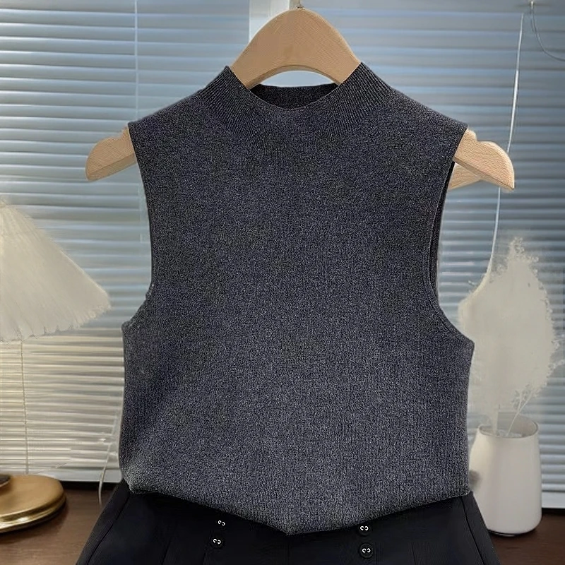 绒贝斯8767半高领针织无袖背心女气质小众立领上衣打底衫内搭