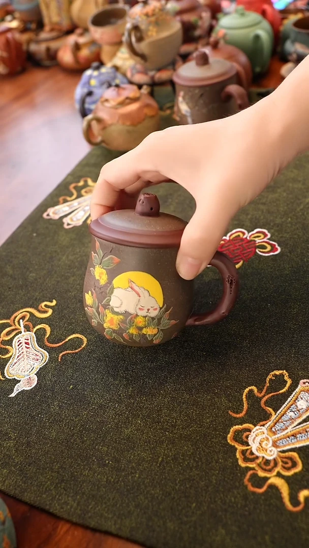 茶壶紫砂紫泥桂花兔盖杯