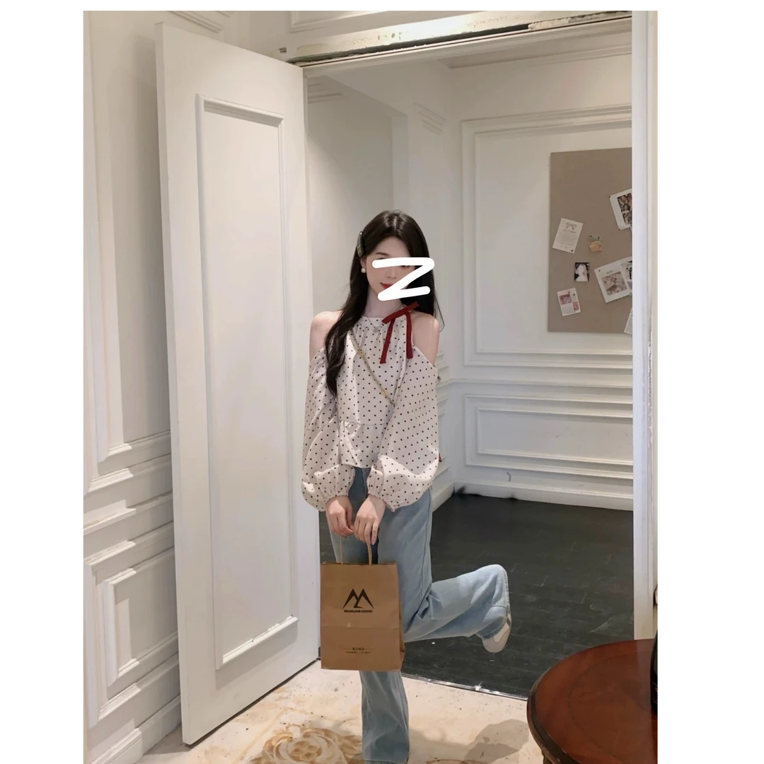 草莓蛋糕~红色波点蝴蝶结娃娃衫露肩宽松显瘦百搭显白上衣