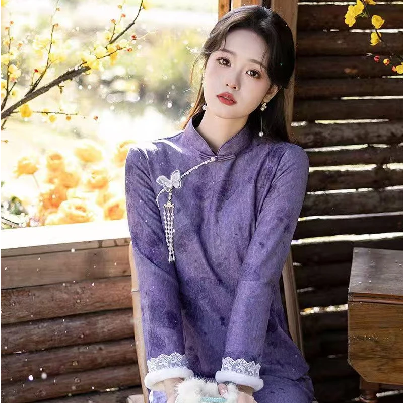 紫色冬装加绒加厚国风中式长款长袖旗袍2025新款女复古收腰秋冬季