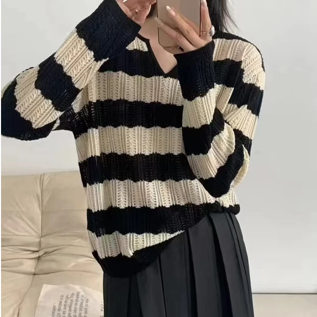 【例畔精选】春秋宽松慵懒风时尚薄款镂空长袖针织衫A234#