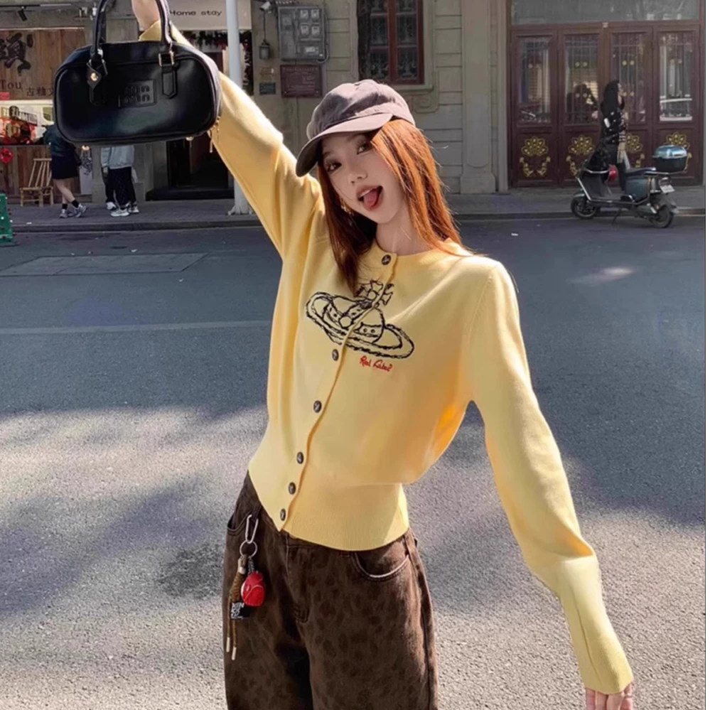 辣妹纯欲重工刺绣针织开衫女秋冬独特别致软糯显瘦圆领毛衣H5-65