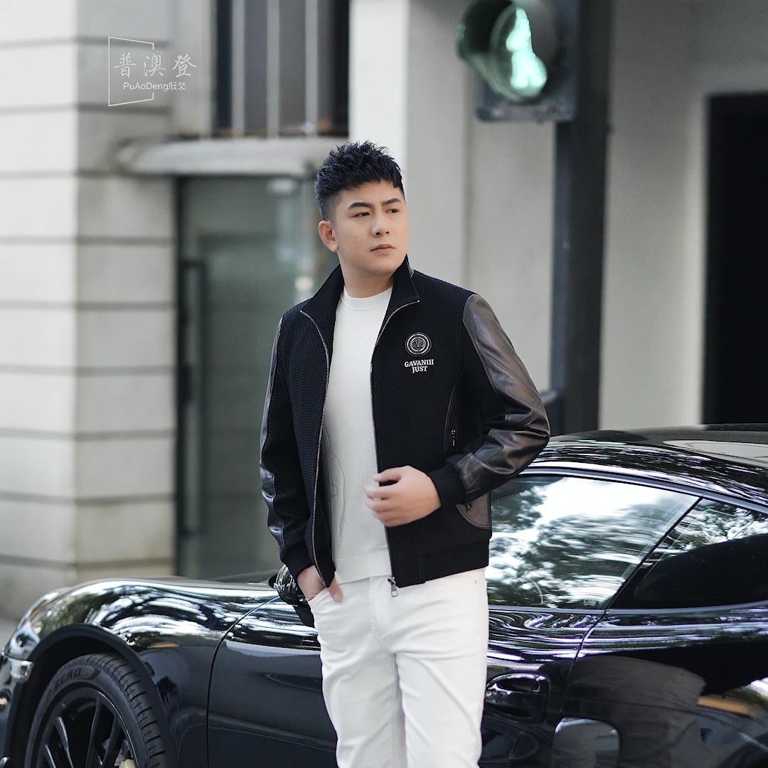 2025秋冬新款时尚潮流百搭修身拼真皮刺绣男士棉服休闲夹克外套