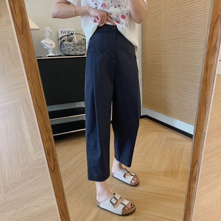 小个子薄款九分阔腿裤百搭女高腰宽松显瘦日系直筒裤子九分裤女