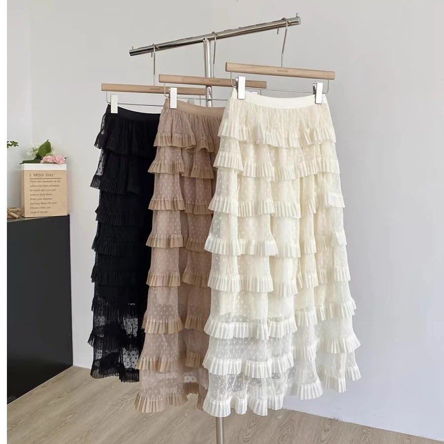 奶油波点网纱层层蛋糕长裙小众法式荷叶边松紧腰显瘦杏色半身裙