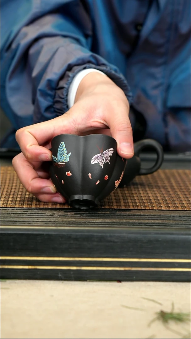 【闪购商品】紫砂茶壶23蝶舞花瓣杯 黑料
