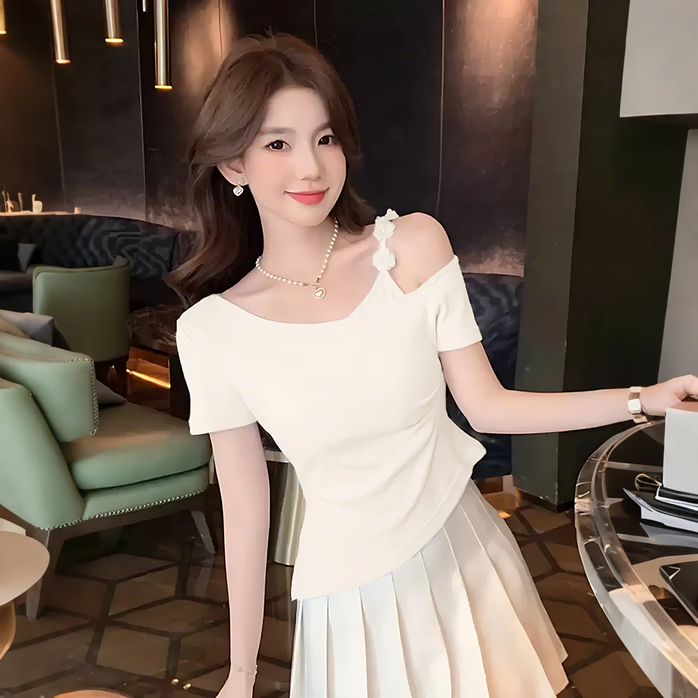 立体花朵露肩短袖女胖mm2025夏季新款网红洋气炸街女装洋气衣服女