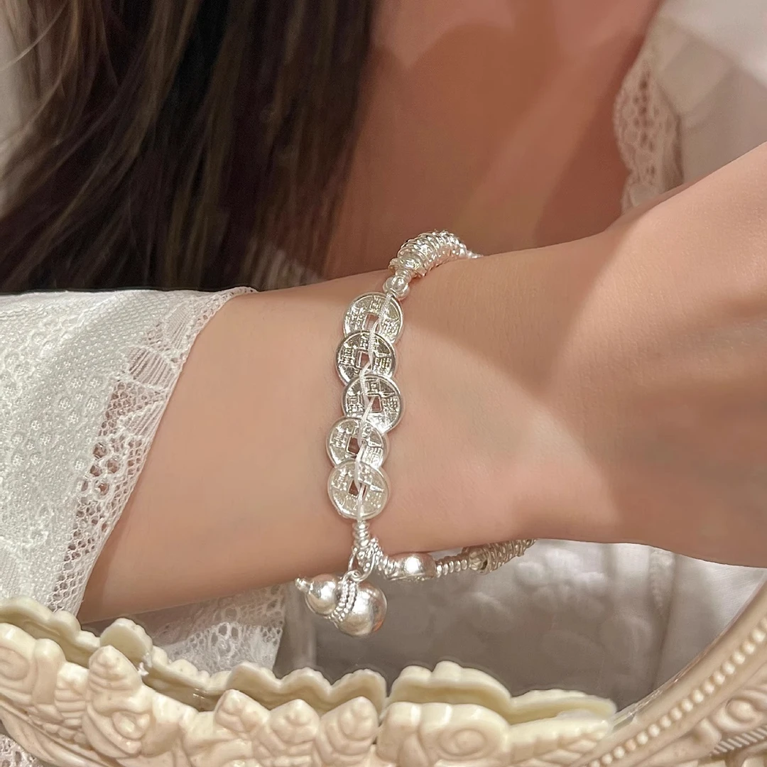 足银手链 葫芦五帝钱盘缠手链999纯银招财节日情人节送女朋友