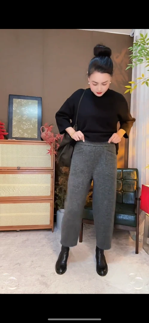 加厚加绒休闲毛呢裤哈伦裤显瘦百搭