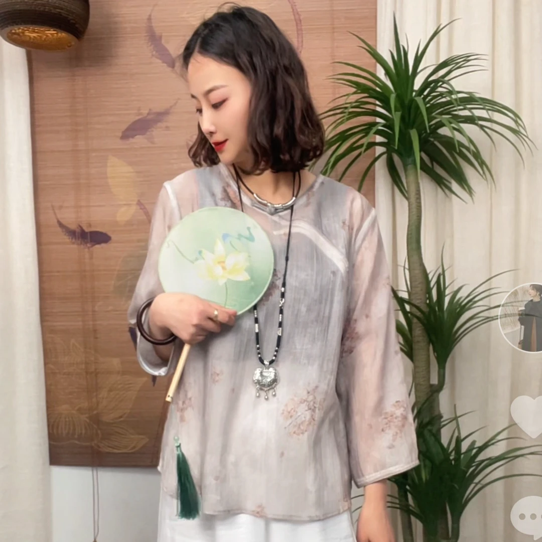 432-3新品褶皱蔴中长版显瘦拼接新中式百搭气质国风上衣