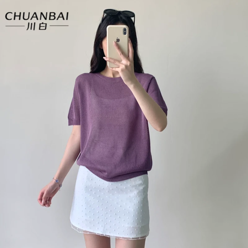 CHUANBAI 川白夏季一线成衣亚麻纯色净版休闲短袖百搭薄款针织衫