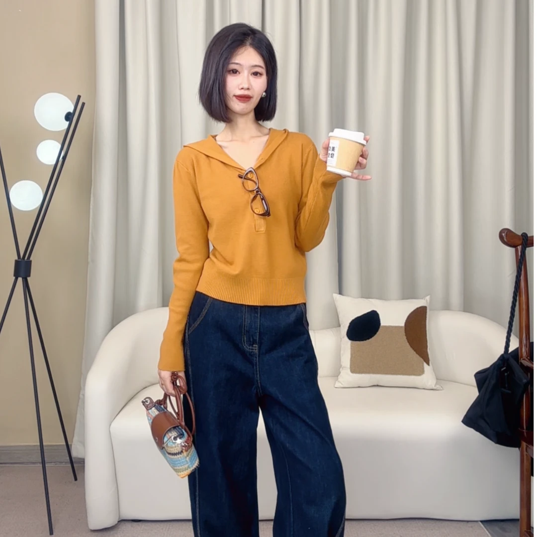 连帽针织衫女秋季设计感修身收腰长袖毛衣内搭短上衣