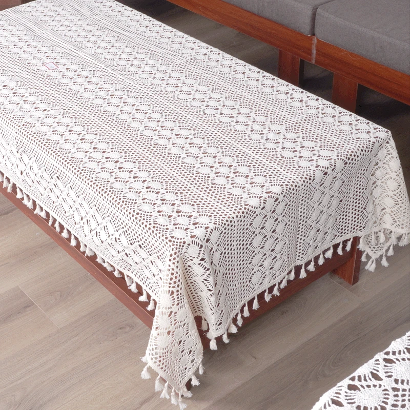 米色【100*160cm】长方形复古钩针桌布流苏款