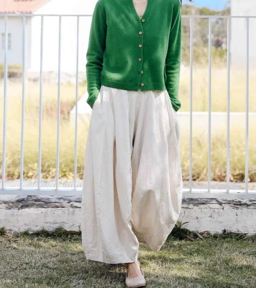 月月 纯棉阔腿灯笼裤春夏新款文艺立体浮雕压花设计感休闲裤女裤