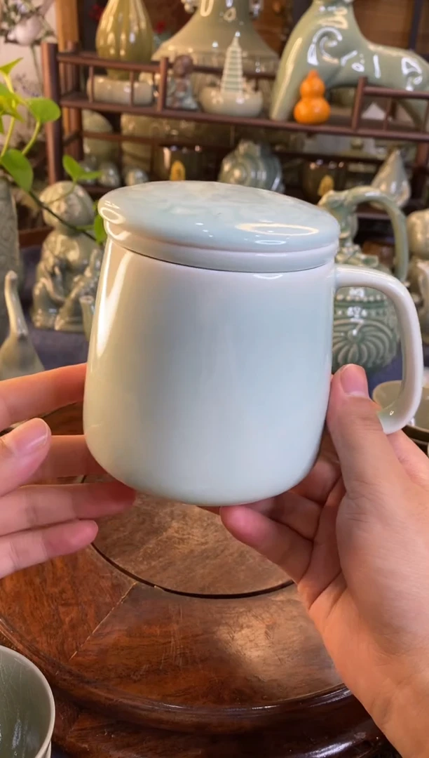 耀州窑 微瑕 天青牡丹素面茶漏杯【b000119】1只