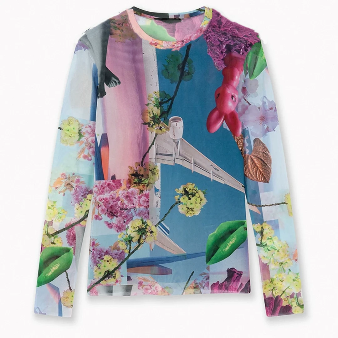 【艺术花卉】圆领网纱气质打底衫女春夏百搭洋气长袖T恤上衣8001