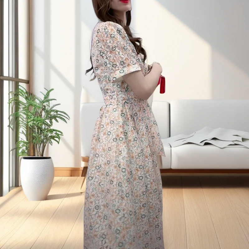 夏季裙子新款显瘦连衣裙大码高腰遮肚子藏肉长款碎花裙出游穿搭