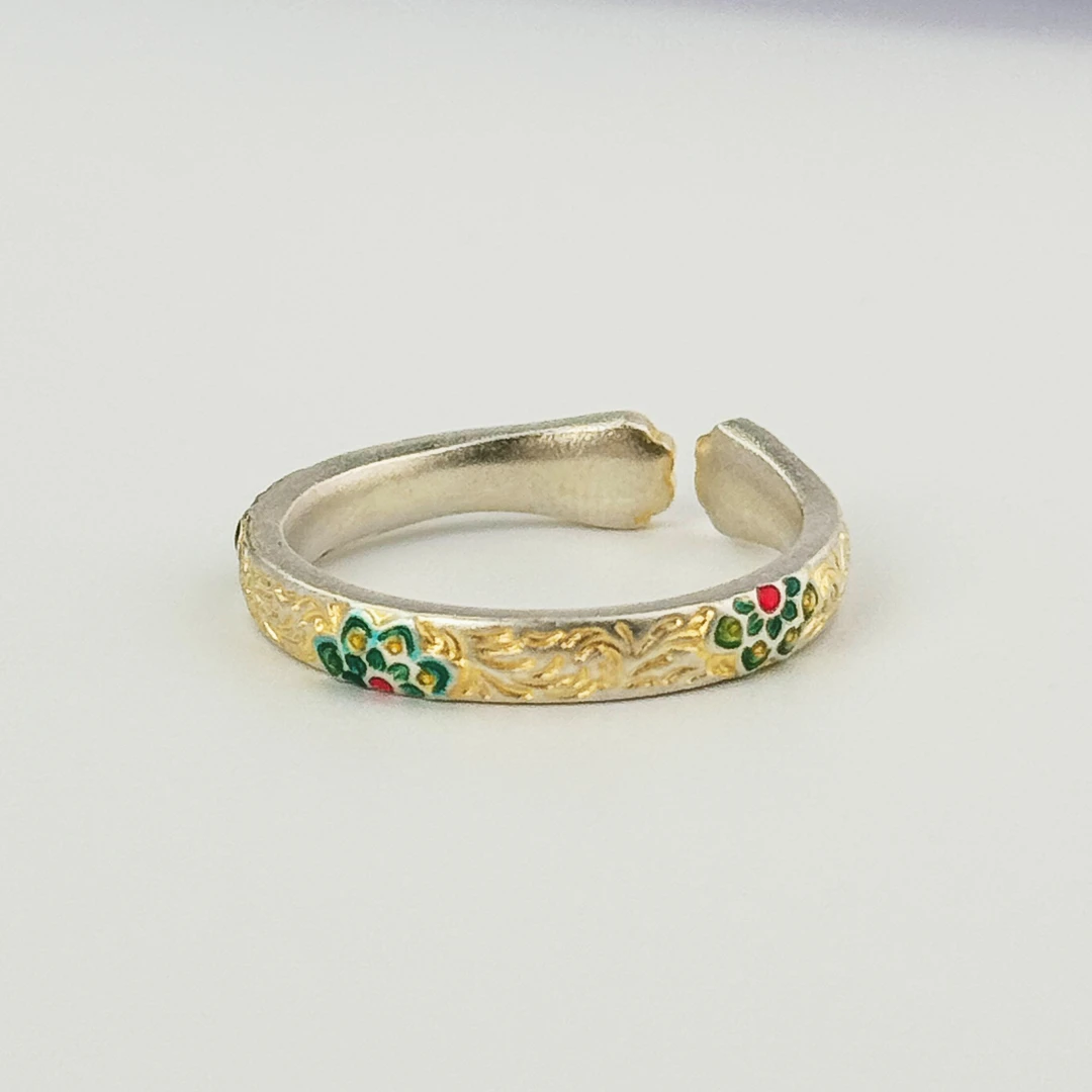 足银戒指 珐琅描金火莲戒指·足银·熹棠气质纯银时尚百搭