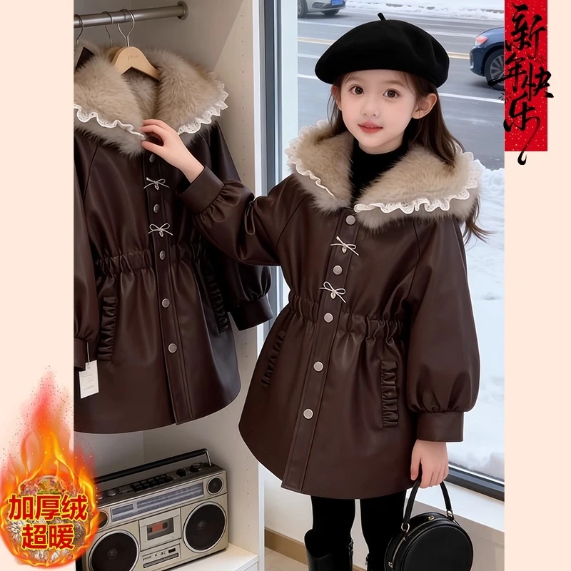 女童加绒蛋白软皮衣派克服外套2025新款冬装中长款加厚免洗小香风