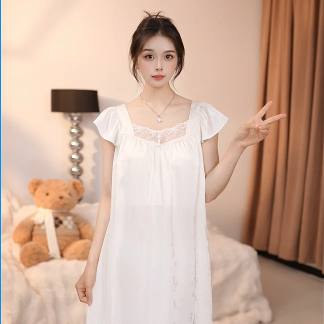 查理夫人【夕语】蕾丝性感夏季法式薄款宽松春夏长款韩版睡裙女士
