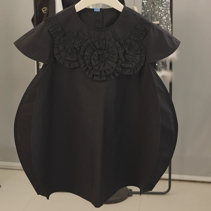 女童夏季连衣裙2025新款女孩洋气薄款纯黑气质花苞裙设计师款夏款