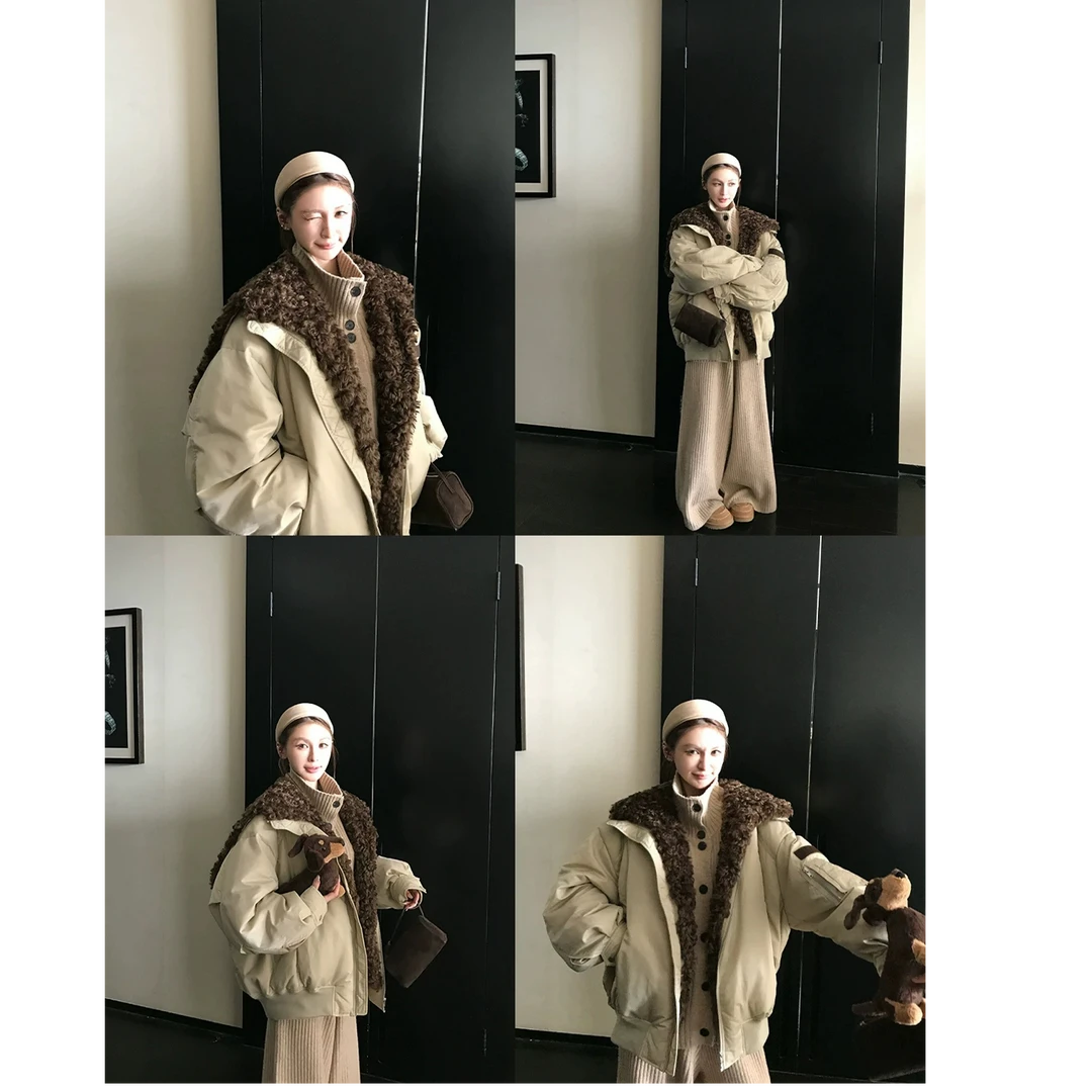 时髦欧尼加大可调节毛领连帽派克服冬季加厚保暖外套女