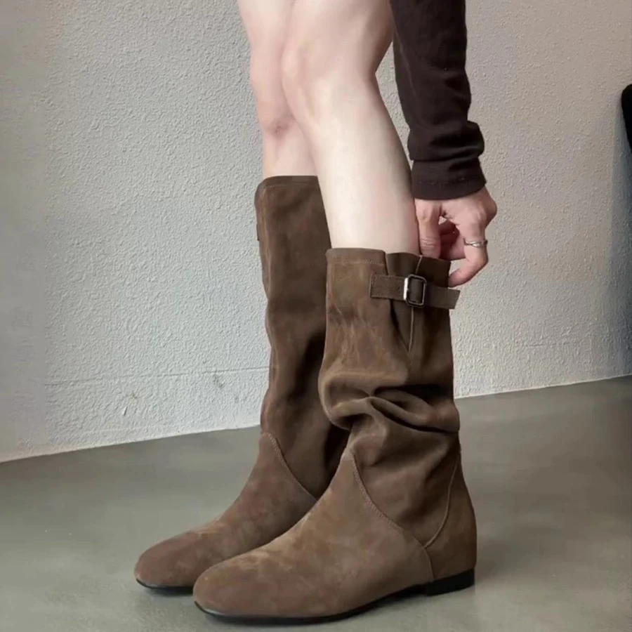 羊皮版~法式复古西部牛仔靴显瘦中筒褶皱骑士靴女时装靴子