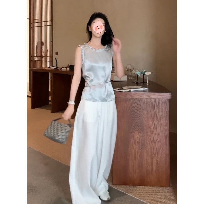 法式无袖V领拼接木耳边小衫交叉收腰显瘦时尚气质背心裤子套装