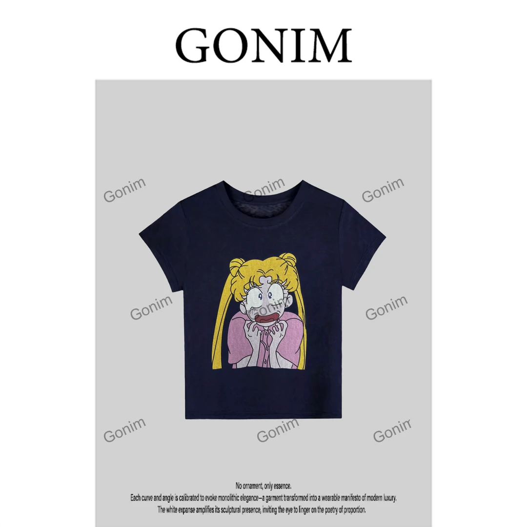Gonim·"水兵月"2025新款卡通涂鸦薄款时尚百搭印花短袖T恤女
