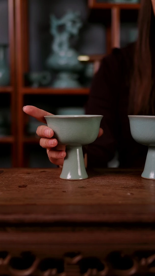 杯子陶青霁汝窑仿古釉   高足杯微微瑕