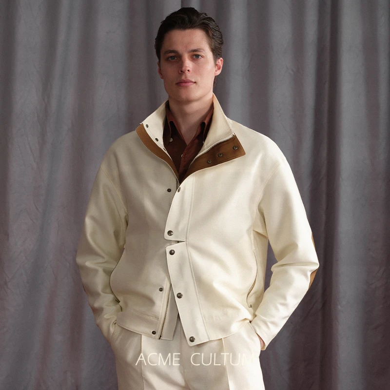 AC120S精纺羊毛桑蚕丝螺纹拼接立领运动短夹克男老钱风休闲外套