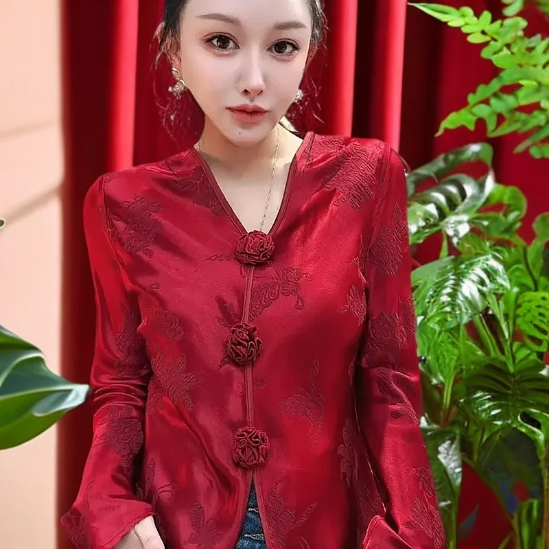 新中式长袖花朵衬衫衬衣红色小衫复古中式衬衫上衣气质网红时尚