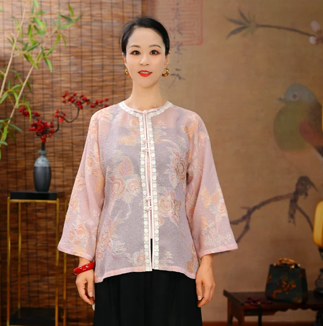 【上古锦·妃红玫瑰】100桑蚕丝新中式真丝提花开衫秋冬全开襟上衣