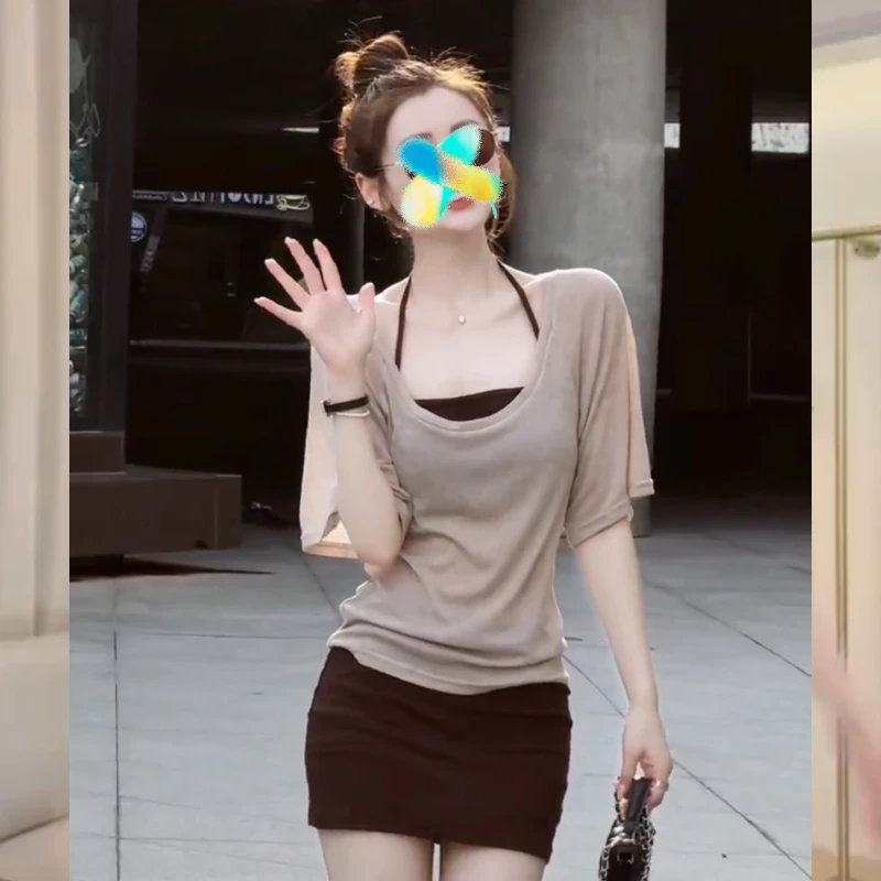 新宠驾到挂脖背心+包臀防走光裙裤带胸垫 不可拆 +防晒衣三件套装