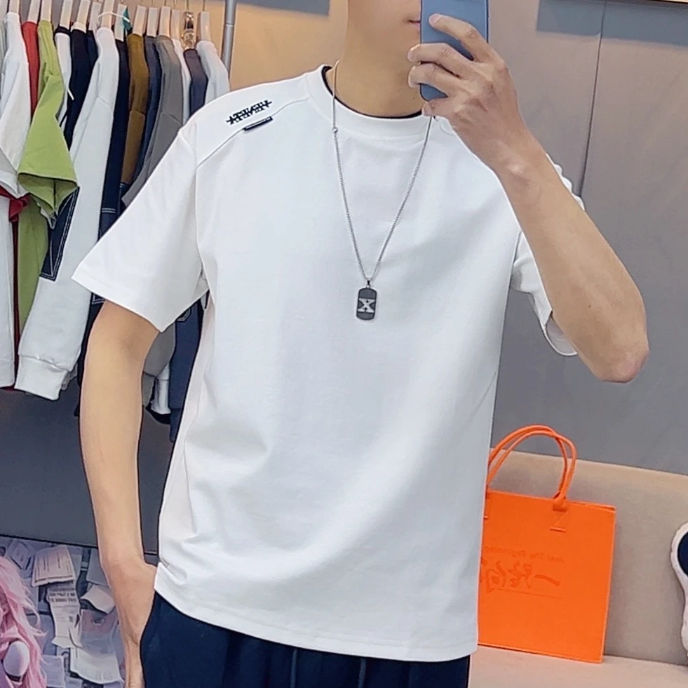 2025夏季纯色刺绣字母青年圆领短袖T恤半袖宽松情侣百搭时尚修身