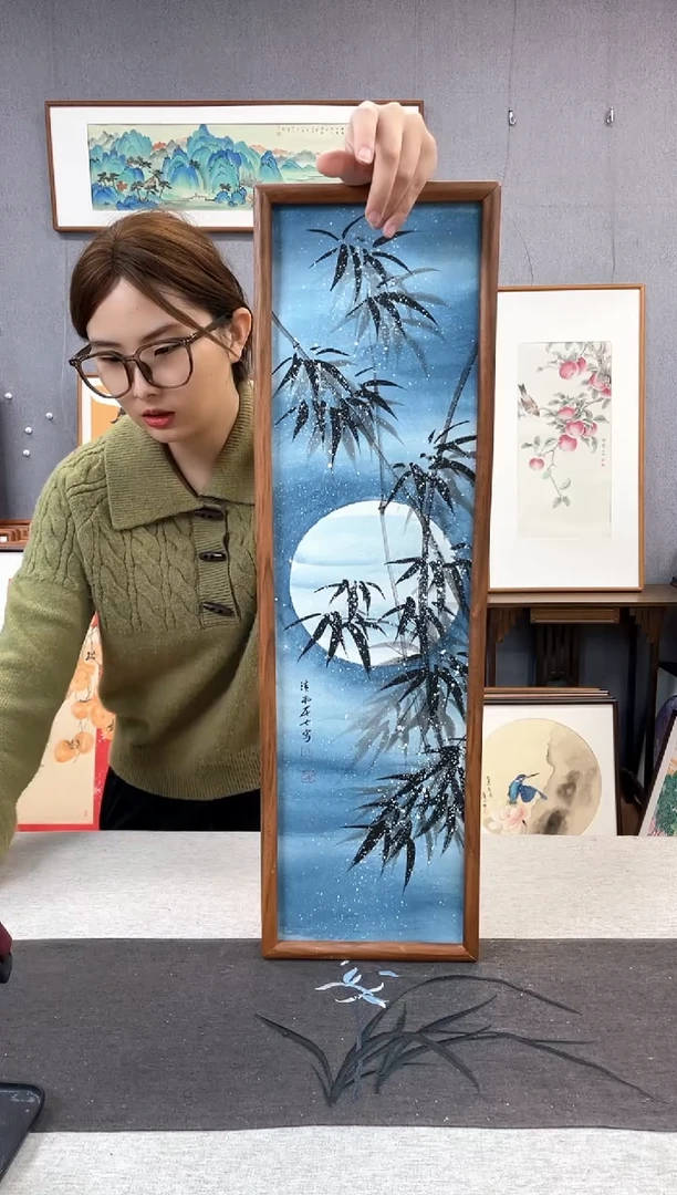 【闪购商品】国画孔德尚-手绘带框作品-20*70-竹子