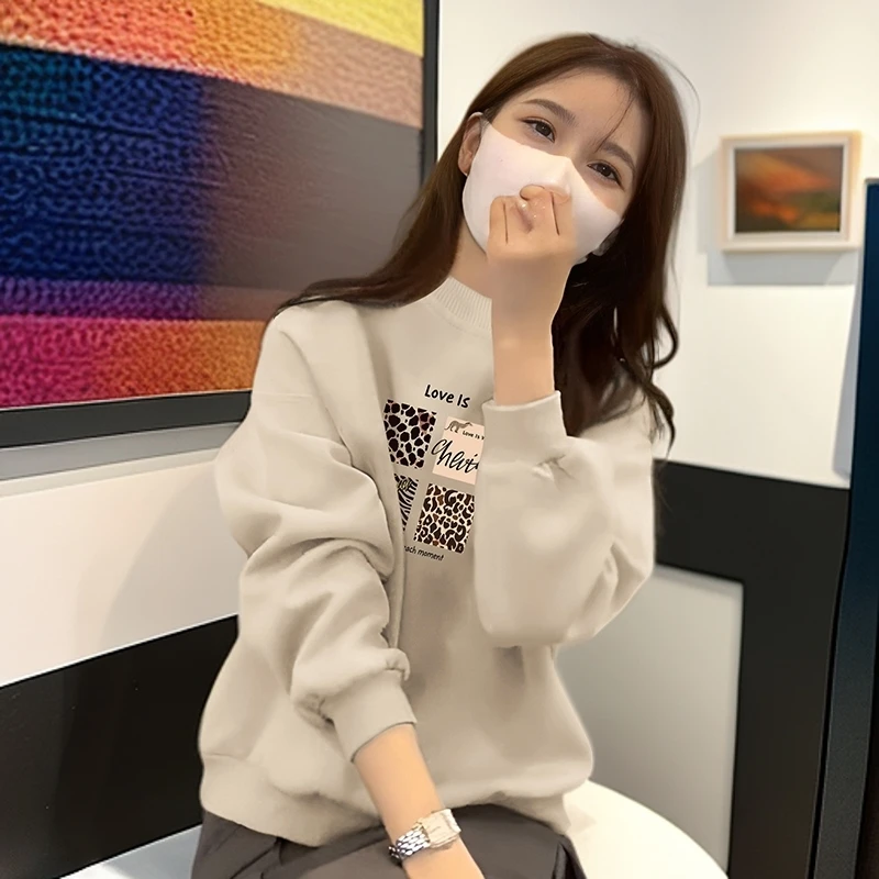 奶杏色保暖套头款卫衣女2025新款秋冬时尚打底衫半高圆领加绒上衣