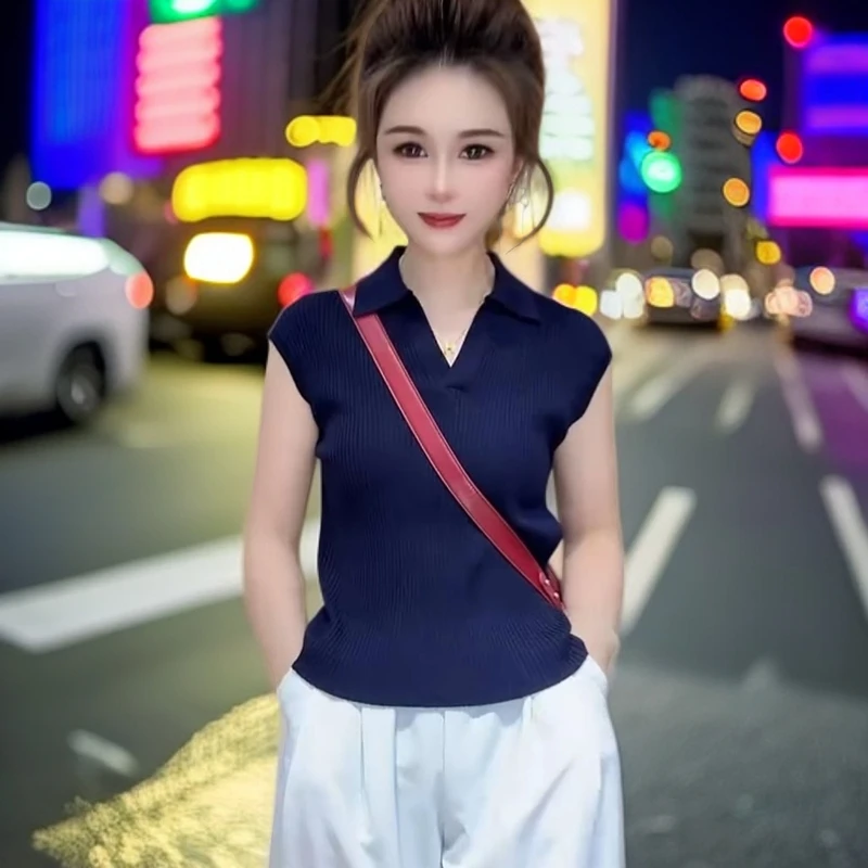 洋气韩版上衣通勤慵懒感针织衫冰爽丝T恤显瘦短袖2025夏季女装