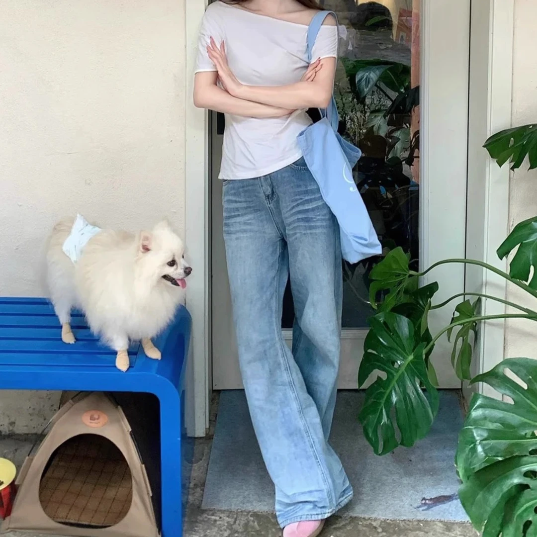 拉夏贝尔复古水洗折痕牛仔裤女款爆款2025新款韩版高腰直筒阔腿裤