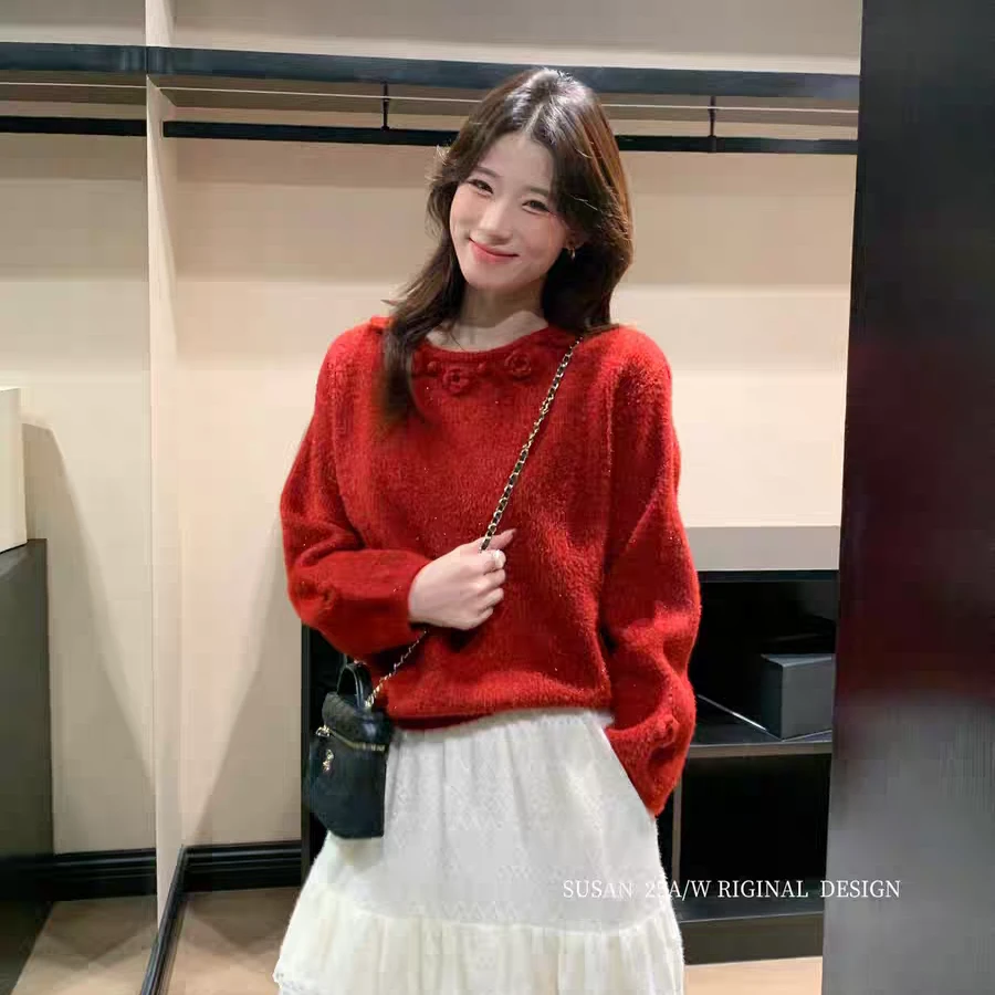 手工花朵圆领红色毛衣女宽松高腰针织衫新年红色百搭打底衫加厚