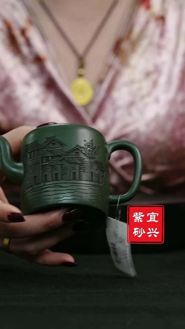 【闪购商品】紫砂茶壶50  双圈  刻绘民国绿  手工紫砂壶