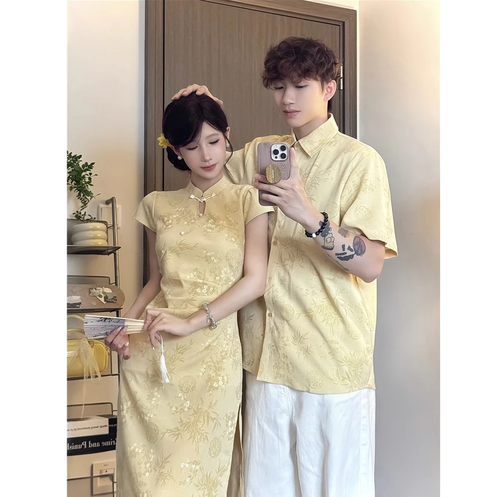 新中式国风旗袍2025新款气质刺绣气质显瘦旗袍连衣裙男衬衫情侣装