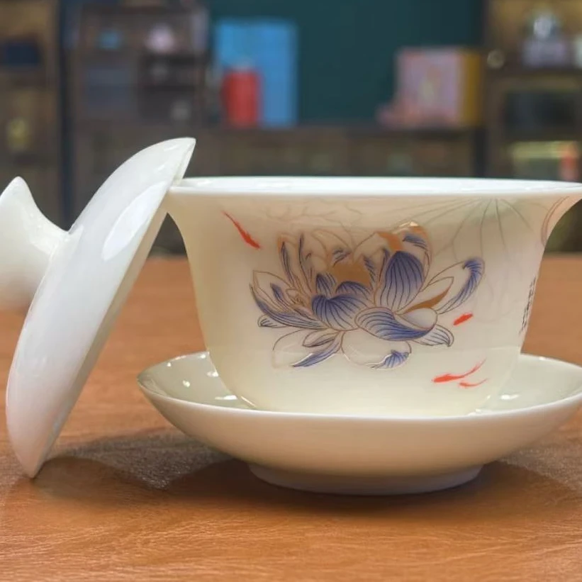 G1343-白瓷羊脂玉鱼戏荷莲盖碗