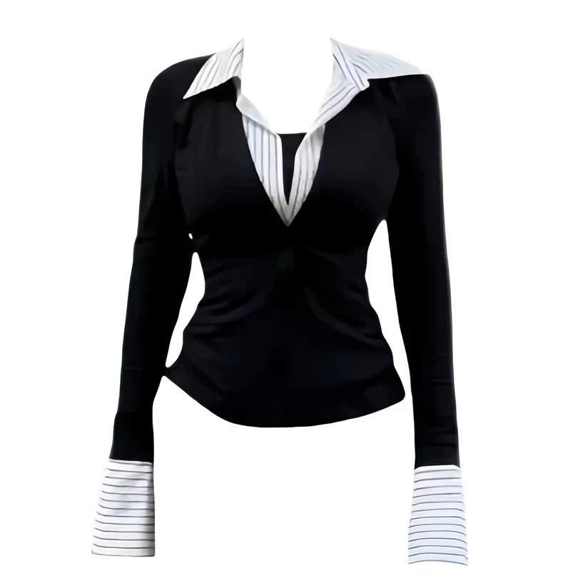 假两件蕾丝拼接polo领衬衫修身撞色性感甜美减龄假两件上衣-8360