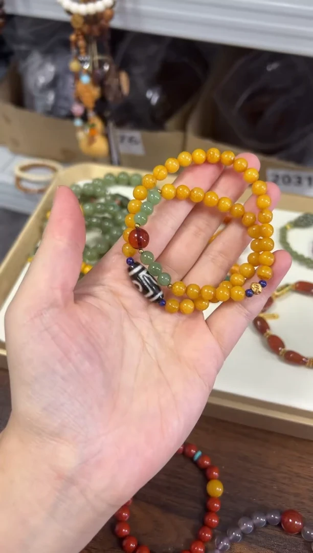 未镶嵌蜜蜡手链孤品老蜜蜡三眼玛瑙珠双圈[0390]