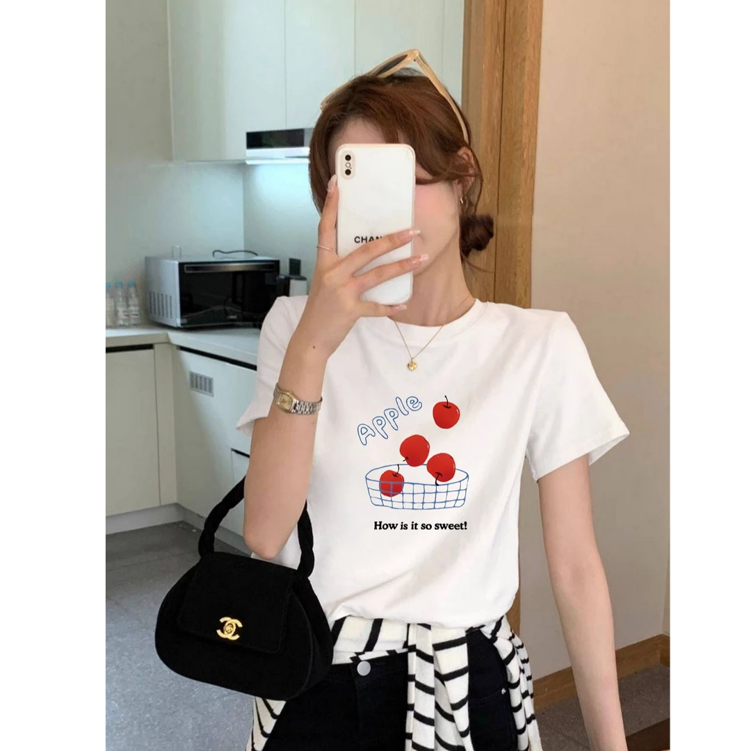 可爱印花2025夏季新款正肩显瘦短袖T恤小个子学院风百搭圆领上衣